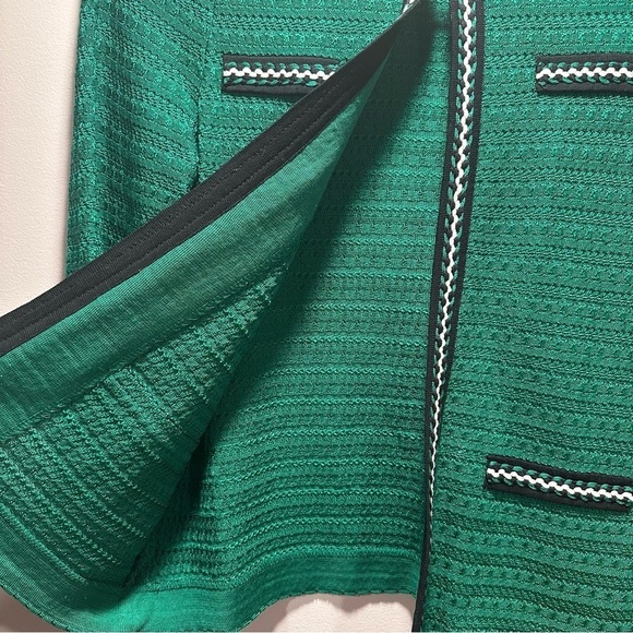 Ming Wang Green Textured Knit Suit Jacket Ribbon Trim Eye & Hook Black White PXS - Picture 7 of 15
